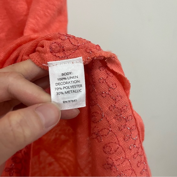J. Jill 100% Love Linen L Embroidered Cap Sleeves V-Neck Tunic top blouse Coral - Picture 3 of 16